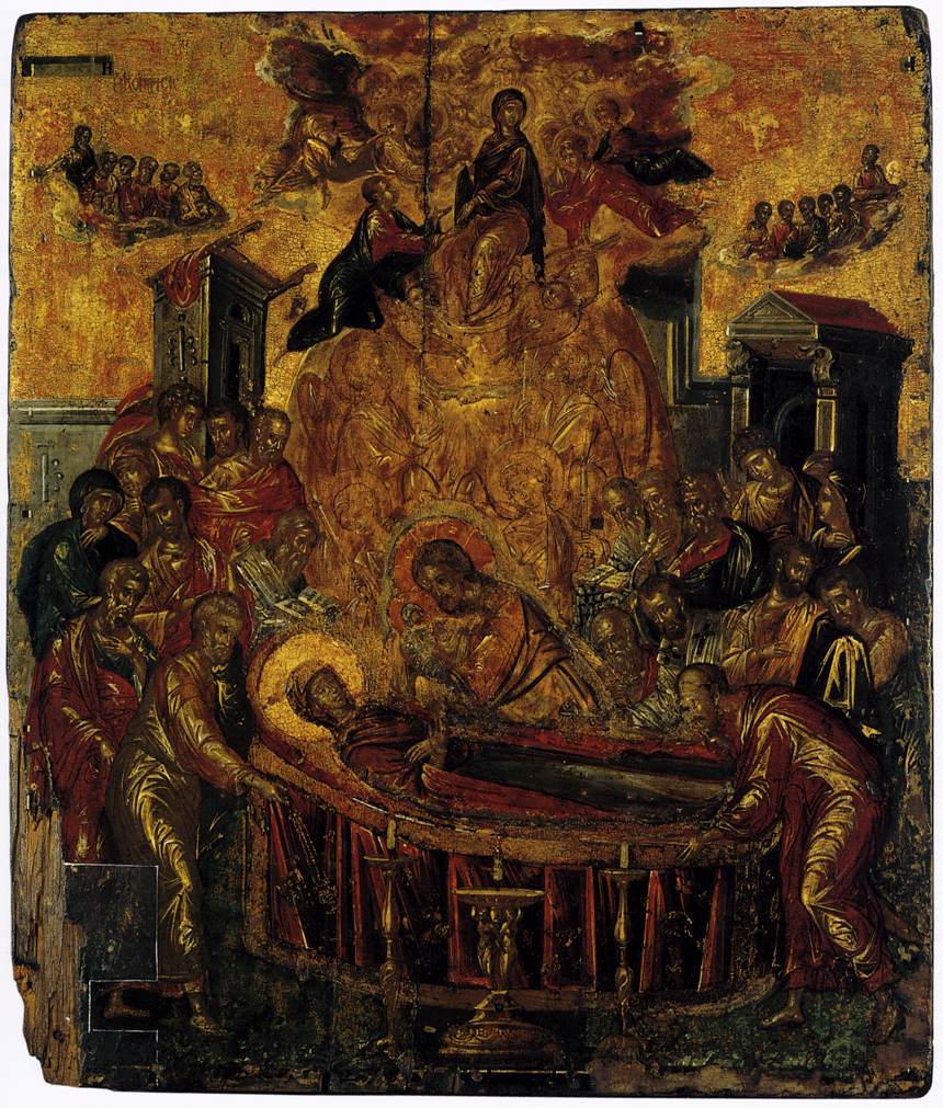 Fig. 2: El Greco Cretan years: Icon of the Dormition: mourners below, Christ above receiving the Virgin; compressed space and strong gold-ground contrasts.