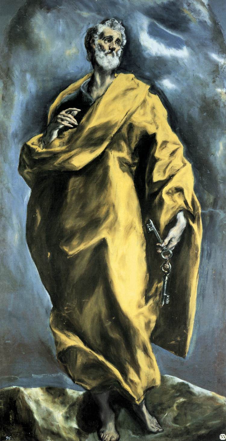 Fig. 6: Saint Peter full-length, yellow cloak against stormy blue-gray field, standing on rock.