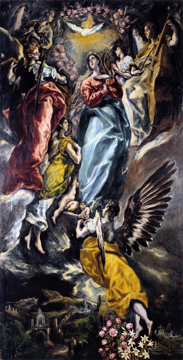 Fig. 5: Immaculate Conception: the Virgin in a vertical ascent, saturated blues and greens with flaring highlights.
