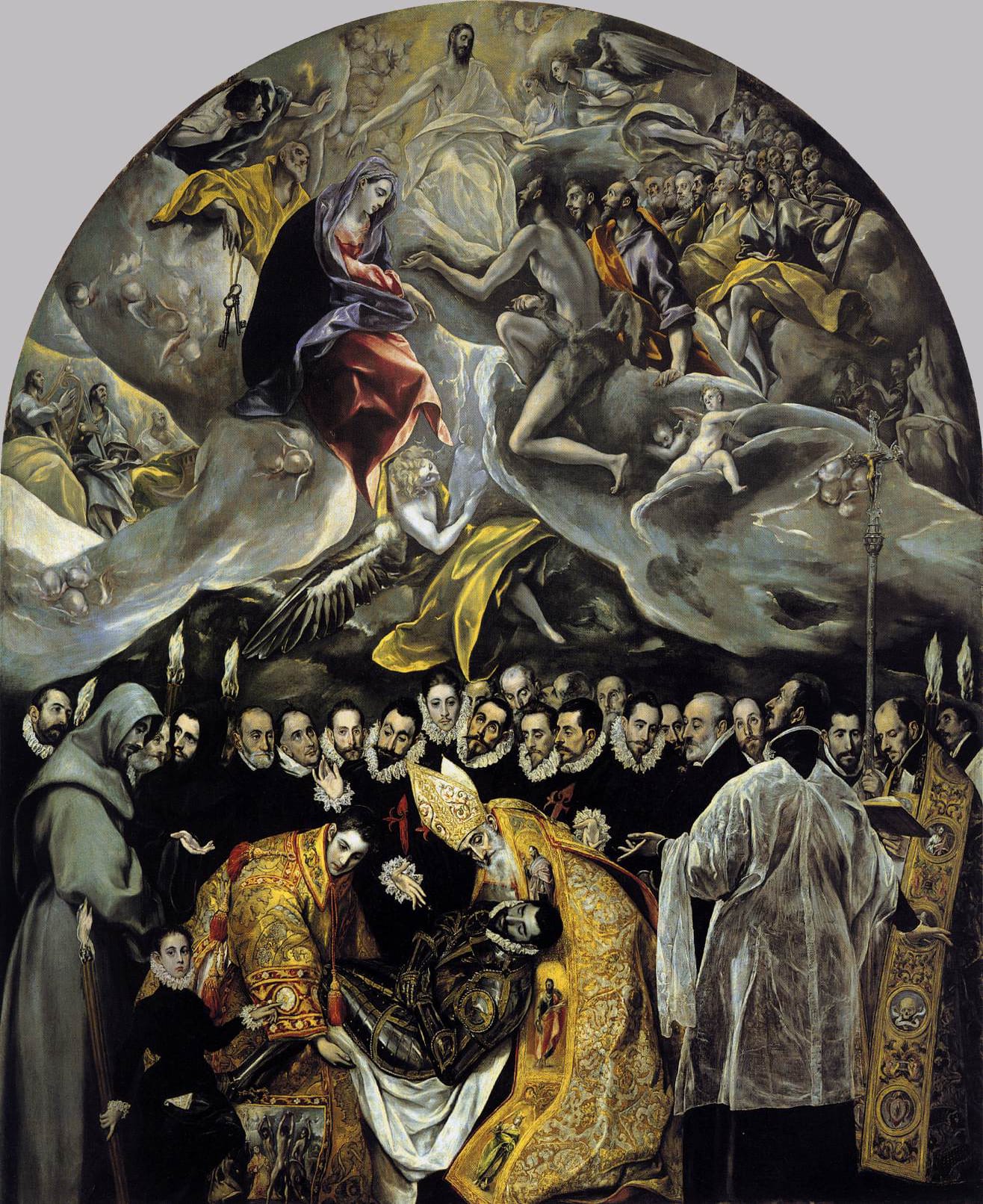 Fig. 4: Two-tier composition: earthly burial below, visionary ascent above; elongated figures and raking light.